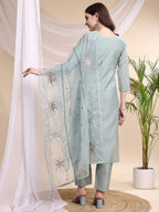 Embroidered Kurta With Pant & Printed Organza Dupatta, Turquoise - Hiral Fashion