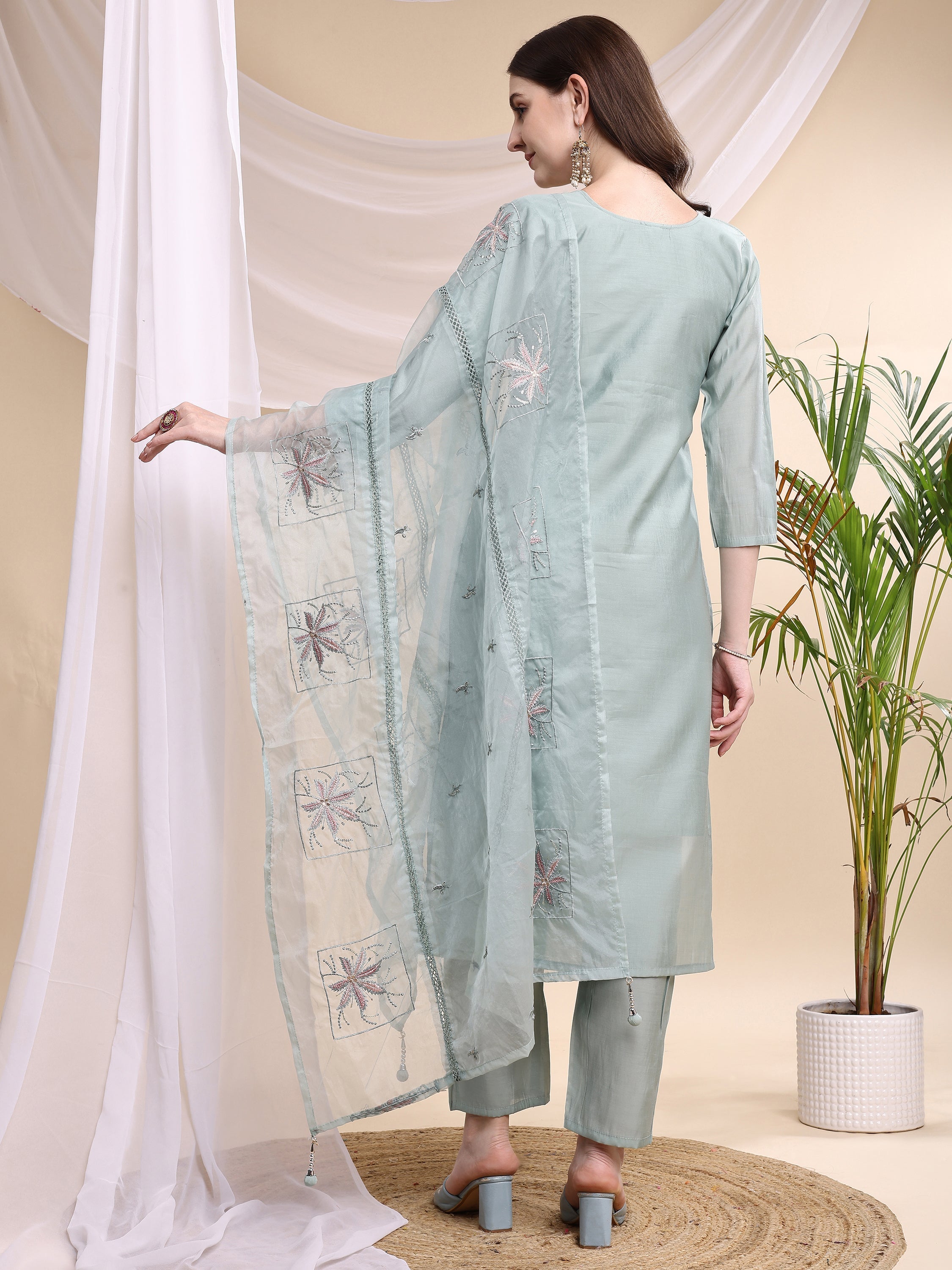 Embroidered Kurta With Pant & Printed Organza Dupatta, Turquoise - Hiral Fashion