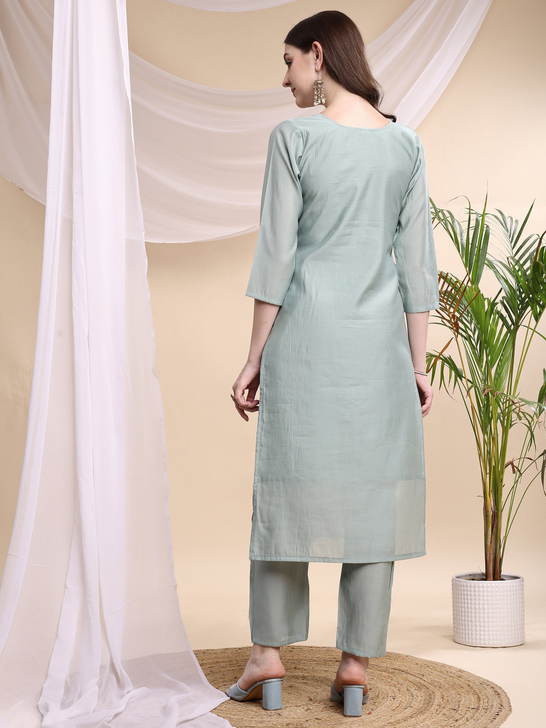 Embroidered Kurta With Pant & Printed Organza Dupatta, Turquoise - Hiral Fashion