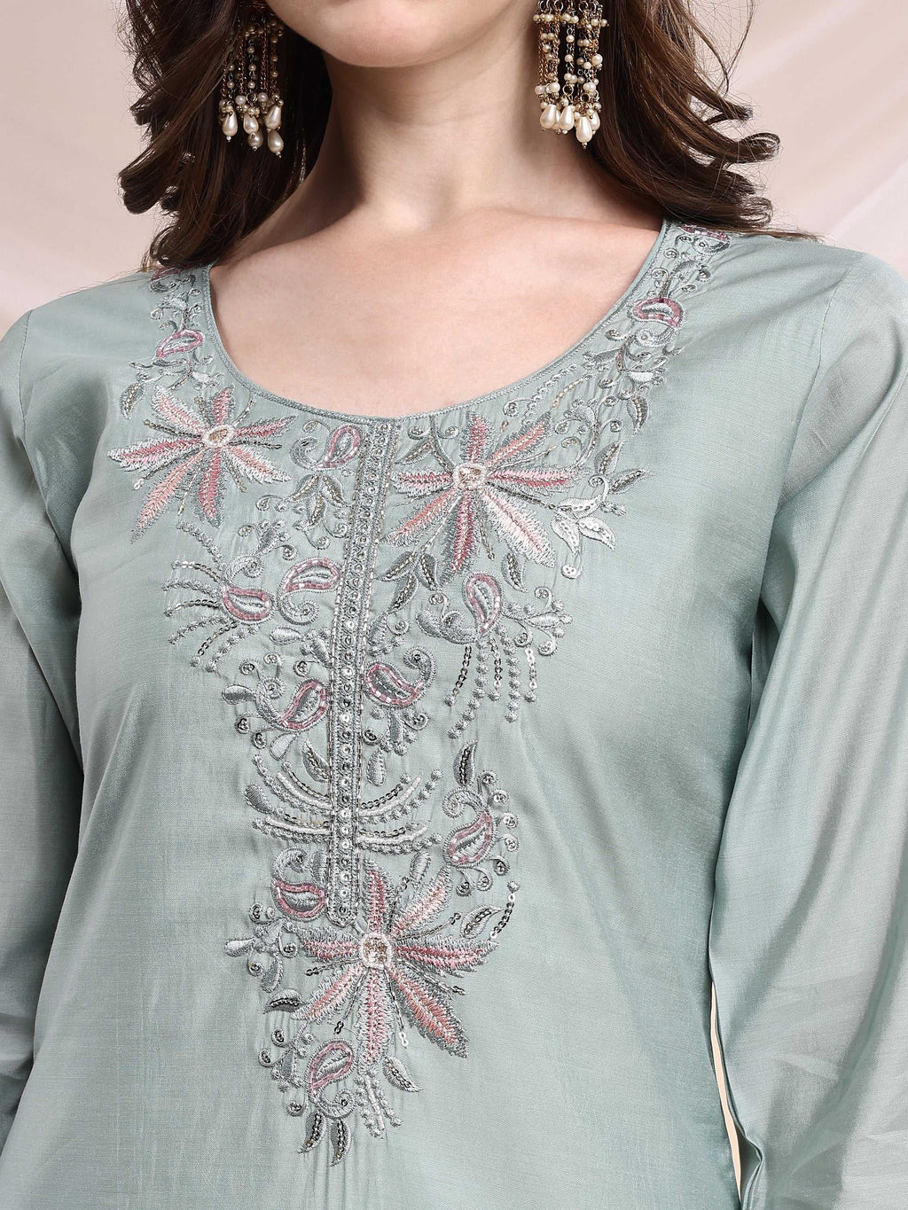 Embroidered Kurta With Pant & Printed Organza Dupatta, Turquoise - Hiral Fashion