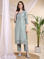 Embroidered Kurta With Pant & Printed Organza Dupatta, Turquoise - Hiral Fashion