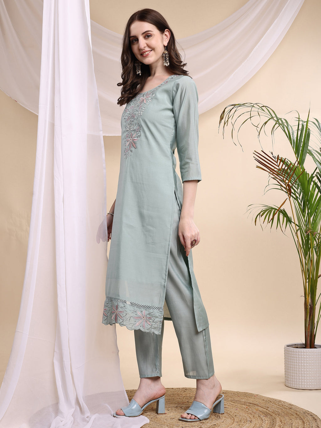 Embroidered Kurta With Pant & Printed Organza Dupatta, Turquoise - Hiral Fashion