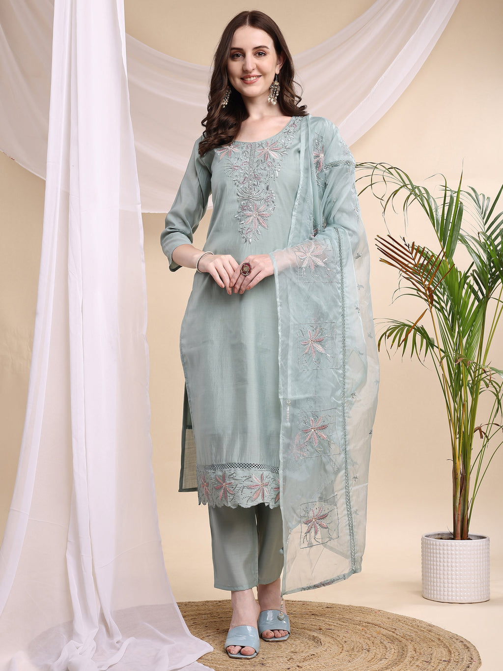 Embroidered Kurta With Pant & Printed Organza Dupatta, Turquoise - Hiral Fashion