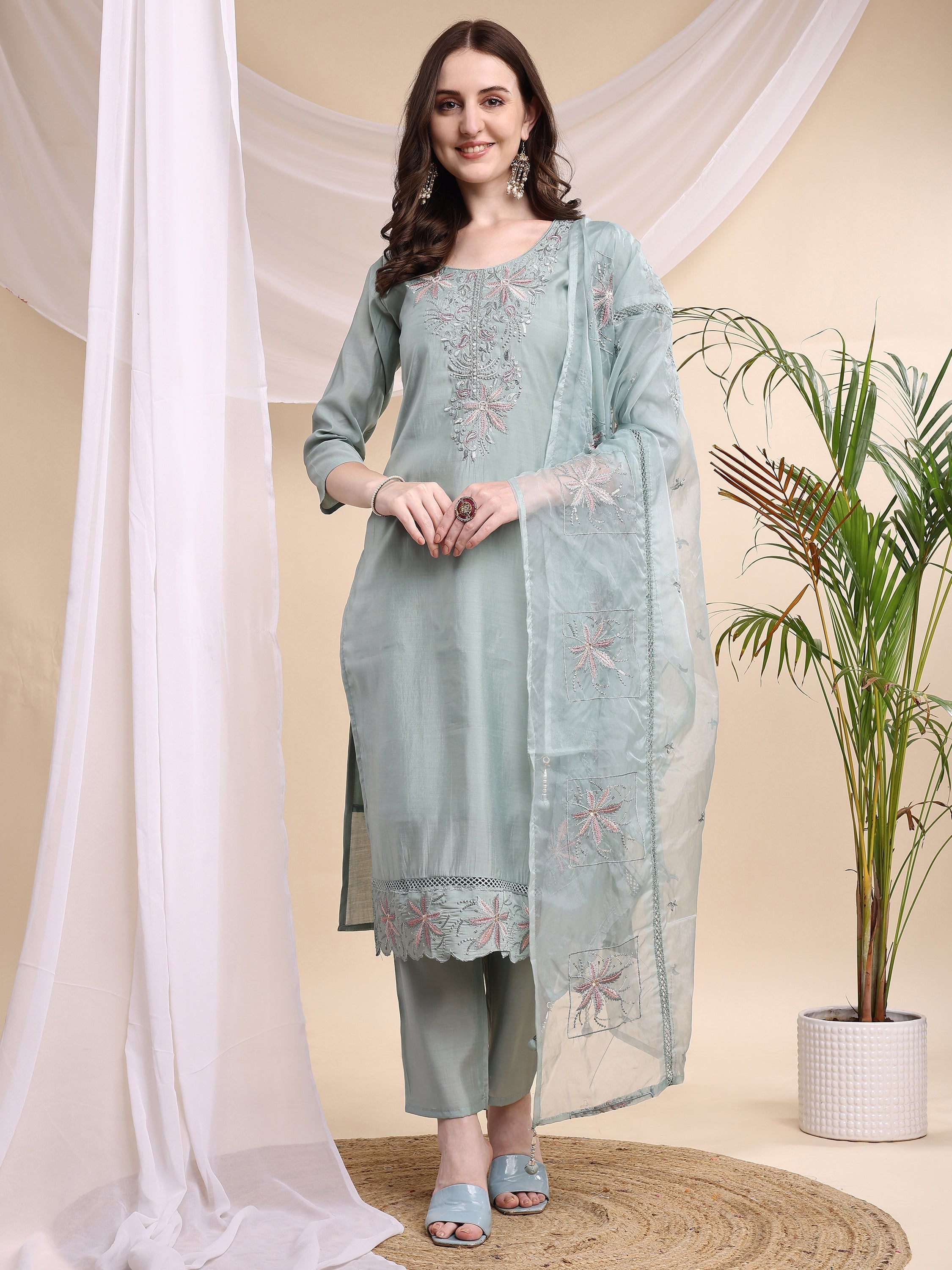 Embroidered Kurta With Pant & Printed Organza Dupatta, Turquoise - Hiral Fashion