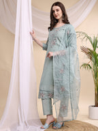 Embroidered Kurta With Pant & Printed Organza Dupatta, Turquoise - Hiral Fashion