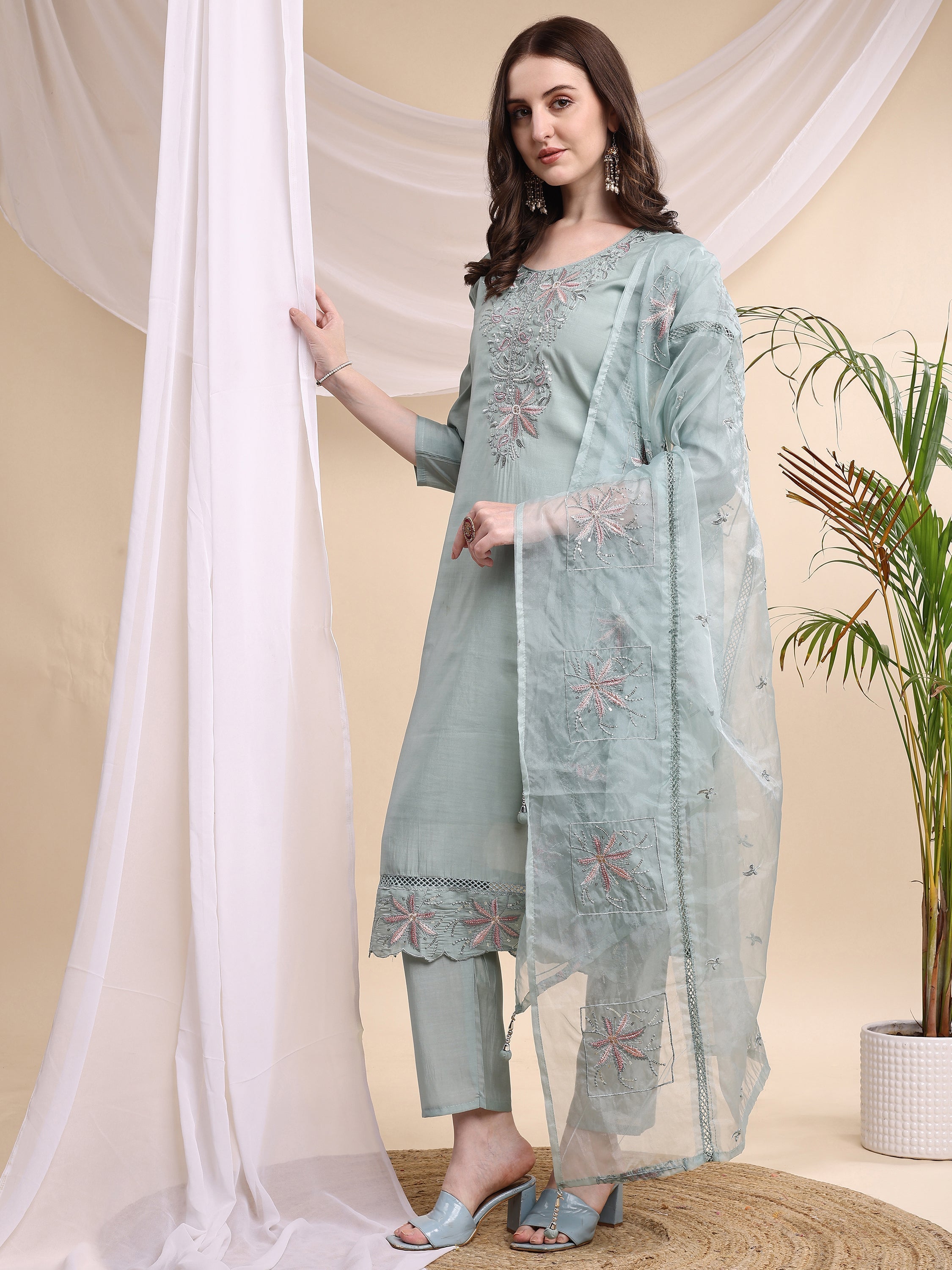 Embroidered Kurta With Pant & Printed Organza Dupatta, Turquoise - Hiral Fashion