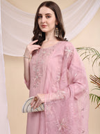 Embroidered Kurta With Pant & Printed Organza Dupatta, Pink - Hiral Fashion - Distacart