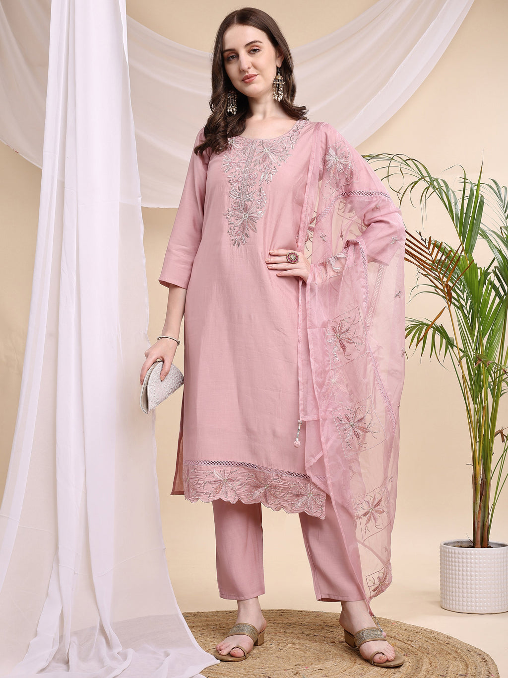 Embroidered Kurta With Pant & Printed Organza Dupatta, Pink - Hiral Fashion - Distacart