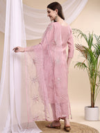 Embroidered Kurta With Pant & Printed Organza Dupatta, Pink - Hiral Fashion - Distacart