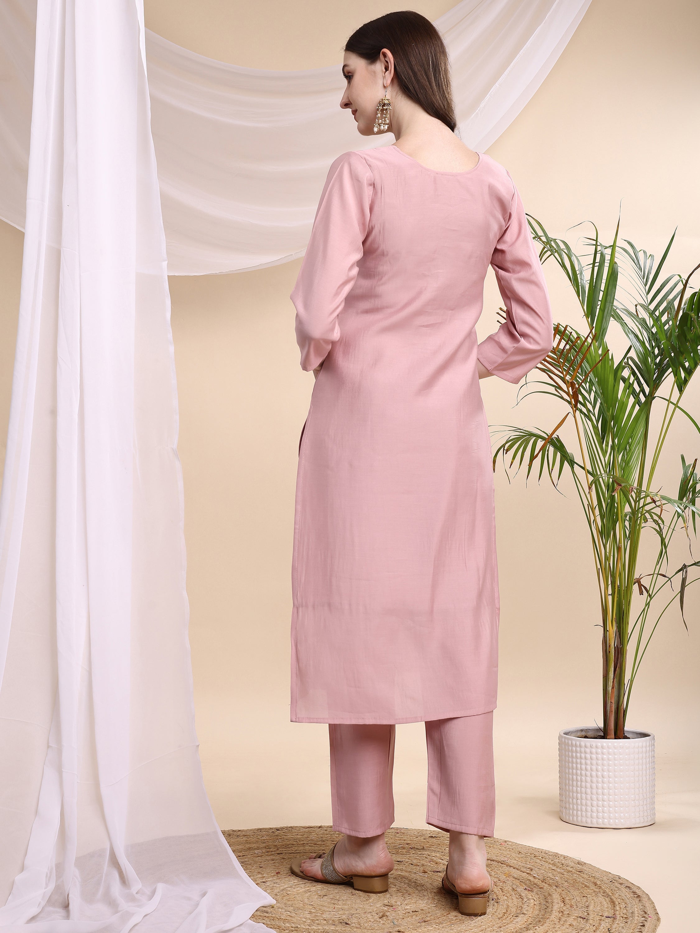 Embroidered Kurta With Pant & Printed Organza Dupatta, Pink - Hiral Fashion - Distacart