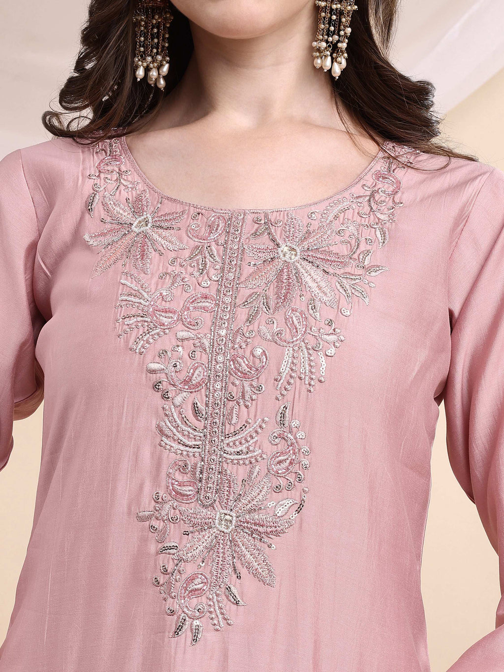 Embroidered Kurta With Pant & Printed Organza Dupatta, Pink - Hiral Fashion - Distacart