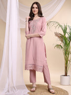 Embroidered Kurta With Pant & Printed Organza Dupatta, Pink - Hiral Fashion - Distacart