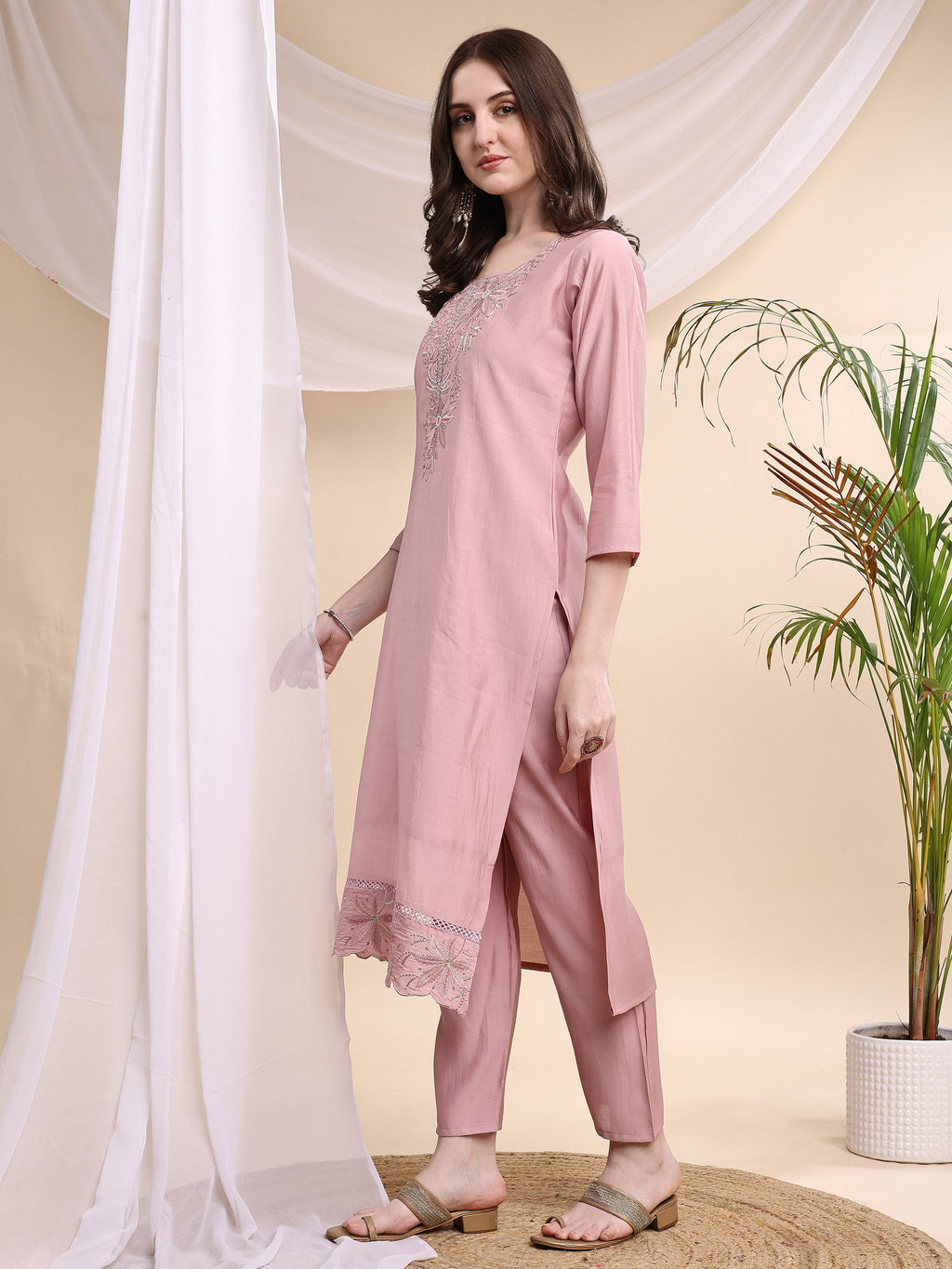 Embroidered Kurta With Pant & Printed Organza Dupatta, Pink - Hiral Fashion - Distacart