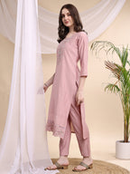 Embroidered Kurta With Pant & Printed Organza Dupatta, Pink - Hiral Fashion - Distacart