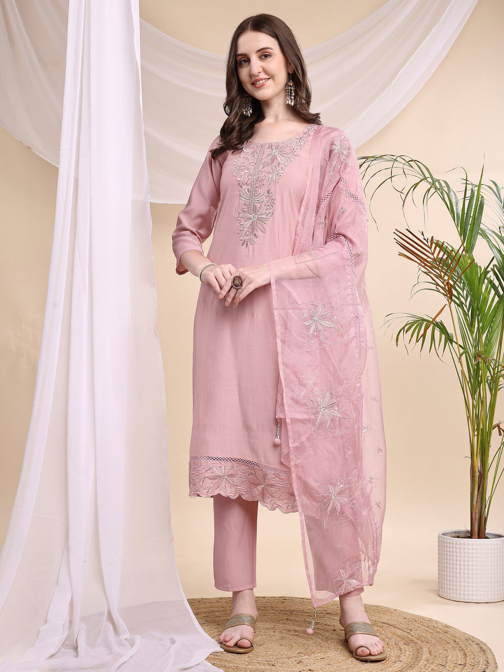 Embroidered Kurta With Pant & Printed Organza Dupatta, Pink - Hiral Fashion - Distacart