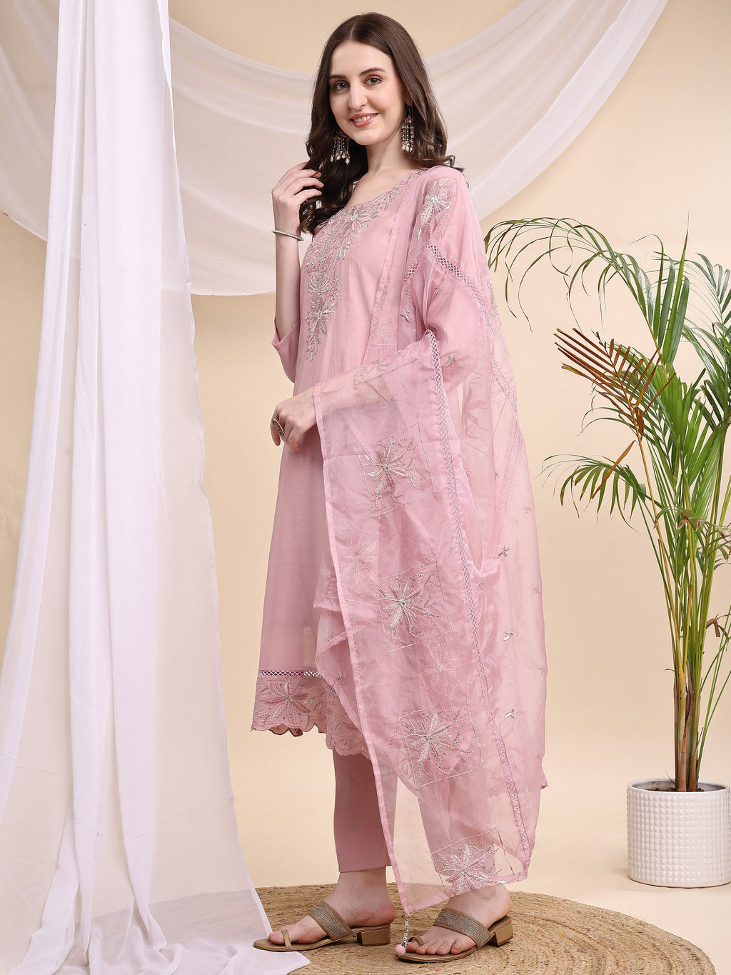 Embroidered Kurta With Pant & Printed Organza Dupatta, Pink - Hiral Fashion - Distacart