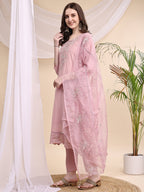 Embroidered Kurta With Pant & Printed Organza Dupatta, Pink - Hiral Fashion - Distacart