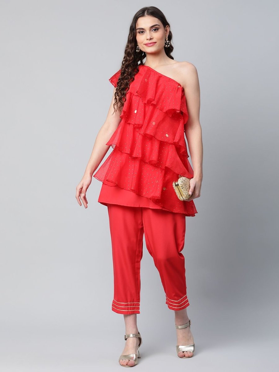 Ahalyaa Women Red Printed Layered Top with Trousers - Distacart