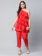 Ahalyaa Women Red Printed Layered Top with Trousers - Distacart