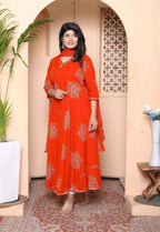 Miravan Women'S Orange Floral Cotton Printed Anarkali Kurta With Dupatta - Distacart