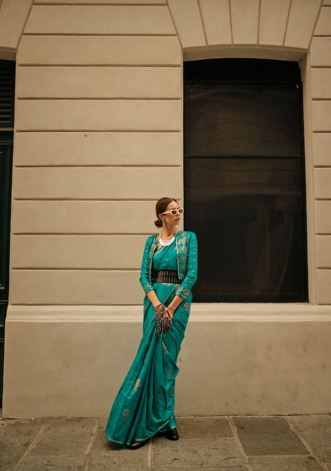 Pacific Blue Weavead Thread & Zari Work, Handloom Weaving Banarasi Satin Silk Saree - Rajtex Kronicle Silk