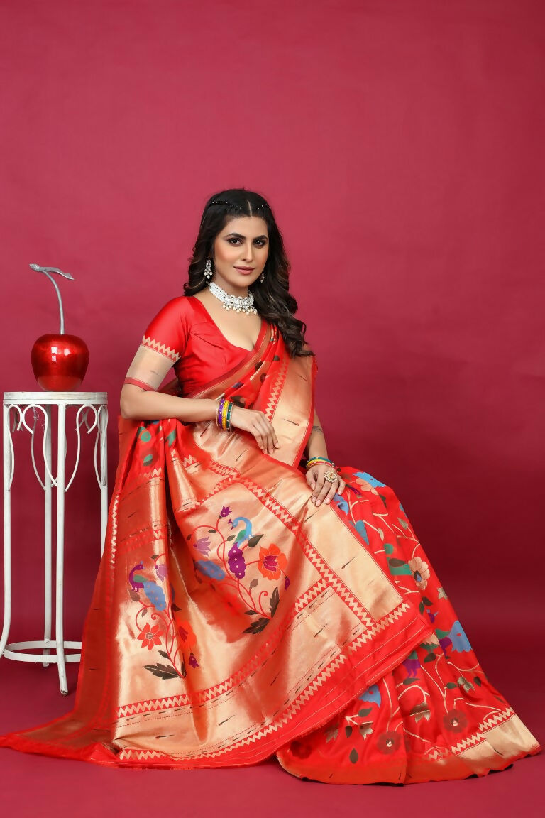 Jyoti Fashion Women's Red Paithani Silk Zari Woven Saree with Blouse