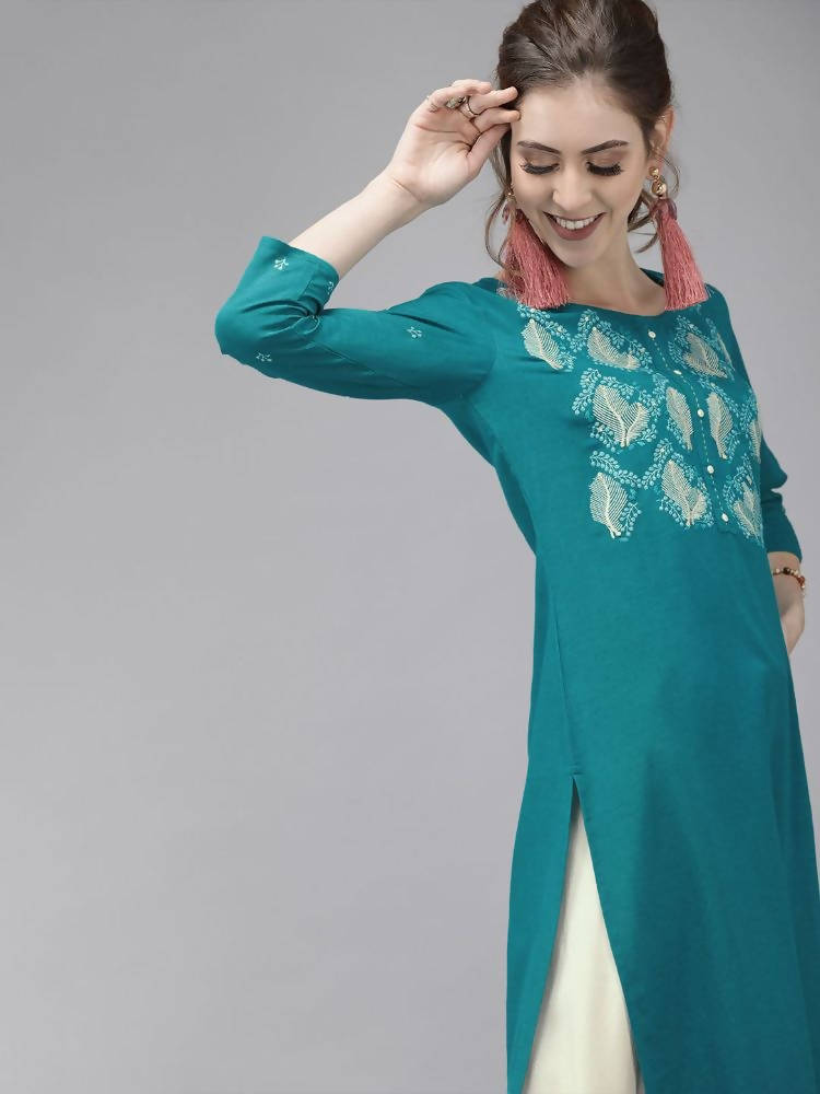 Yufta Women Green & Beige Embroidered Straight Kurta With Trouser