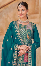 Anaita Teal Vichitra Silk Readymade Suit with Embroidery & Lace Work - Distacart