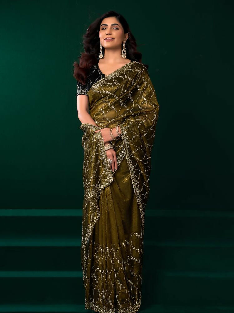Joban Fashion Mehandi Green Net Party Wear Sarees - Distacart