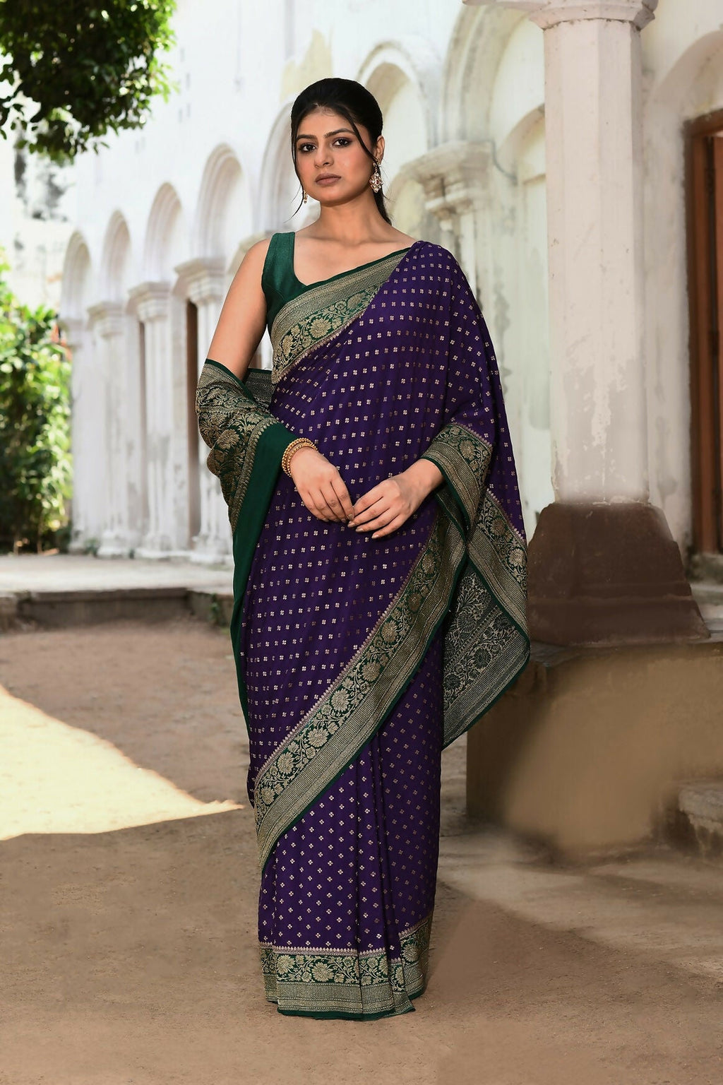 Joban Fashion Purple Crepe Chiffon Pure Handloom Banarasi Silk Saree
