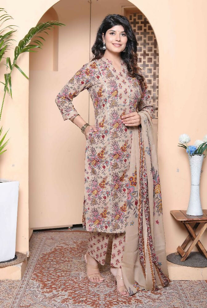 Miravan Womens Multicolor Floral Printed Pure Cotton Kurta And Palazzo With Dupatta Set - Distacart