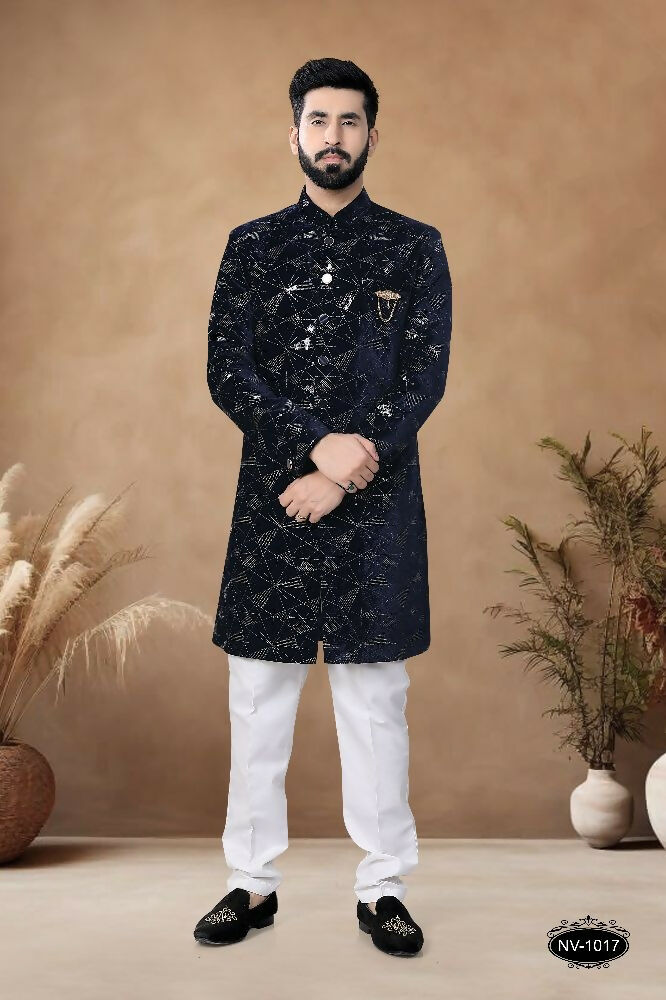 Joban Fashion Men's Blue Straight Velvet Thread & Sequence Embroidery All Over Indo-Western Kurta Set