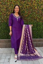 Vedant Vastram Kurta Pant Set With Dupatta Having Beautiful Handwork - Purple