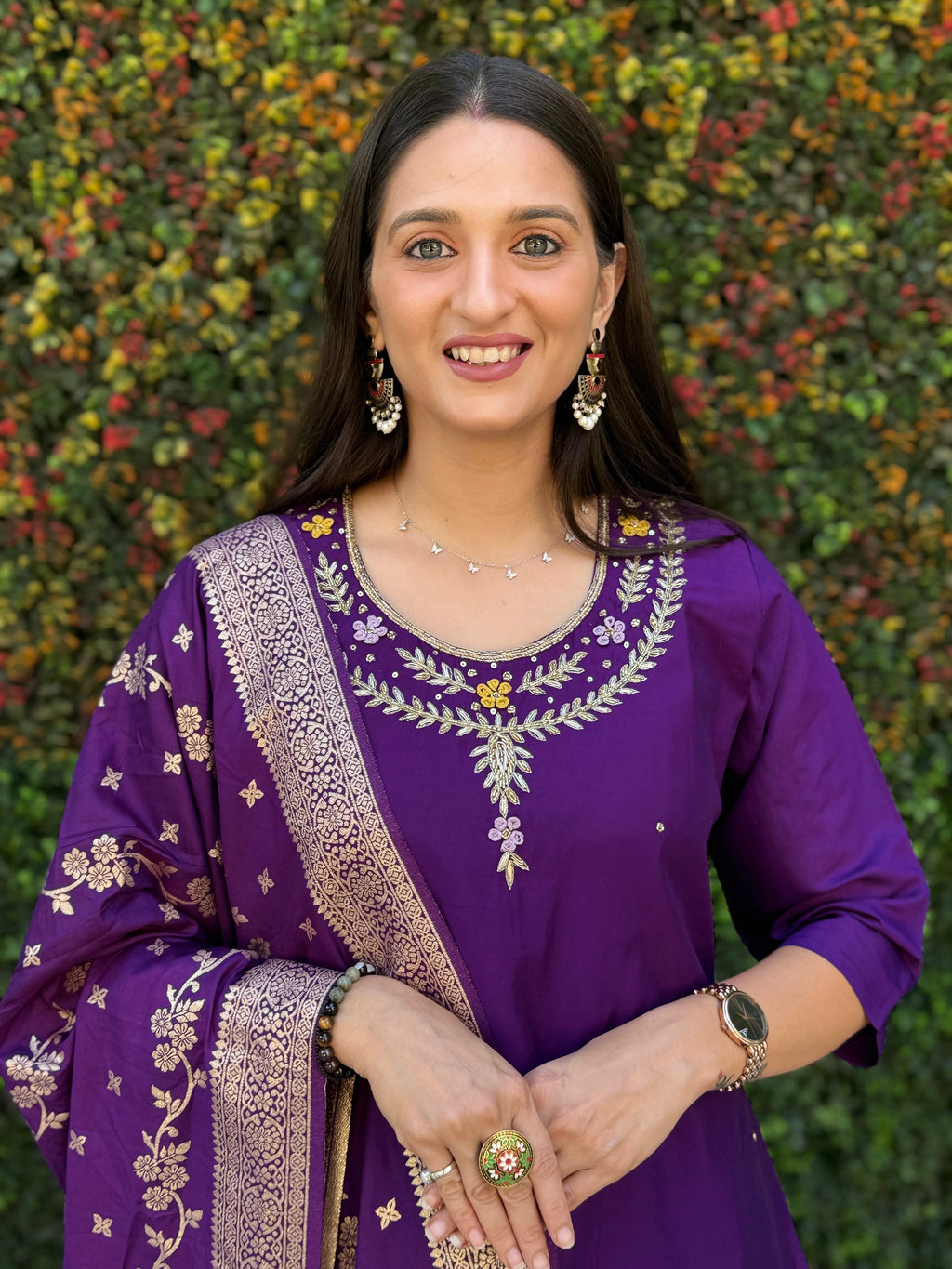 Vedant Vastram Kurta Pant Set With Dupatta Having Beautiful Handwork - Purple