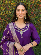 Vedant Vastram Kurta Pant Set With Dupatta Having Beautiful Handwork - Purple