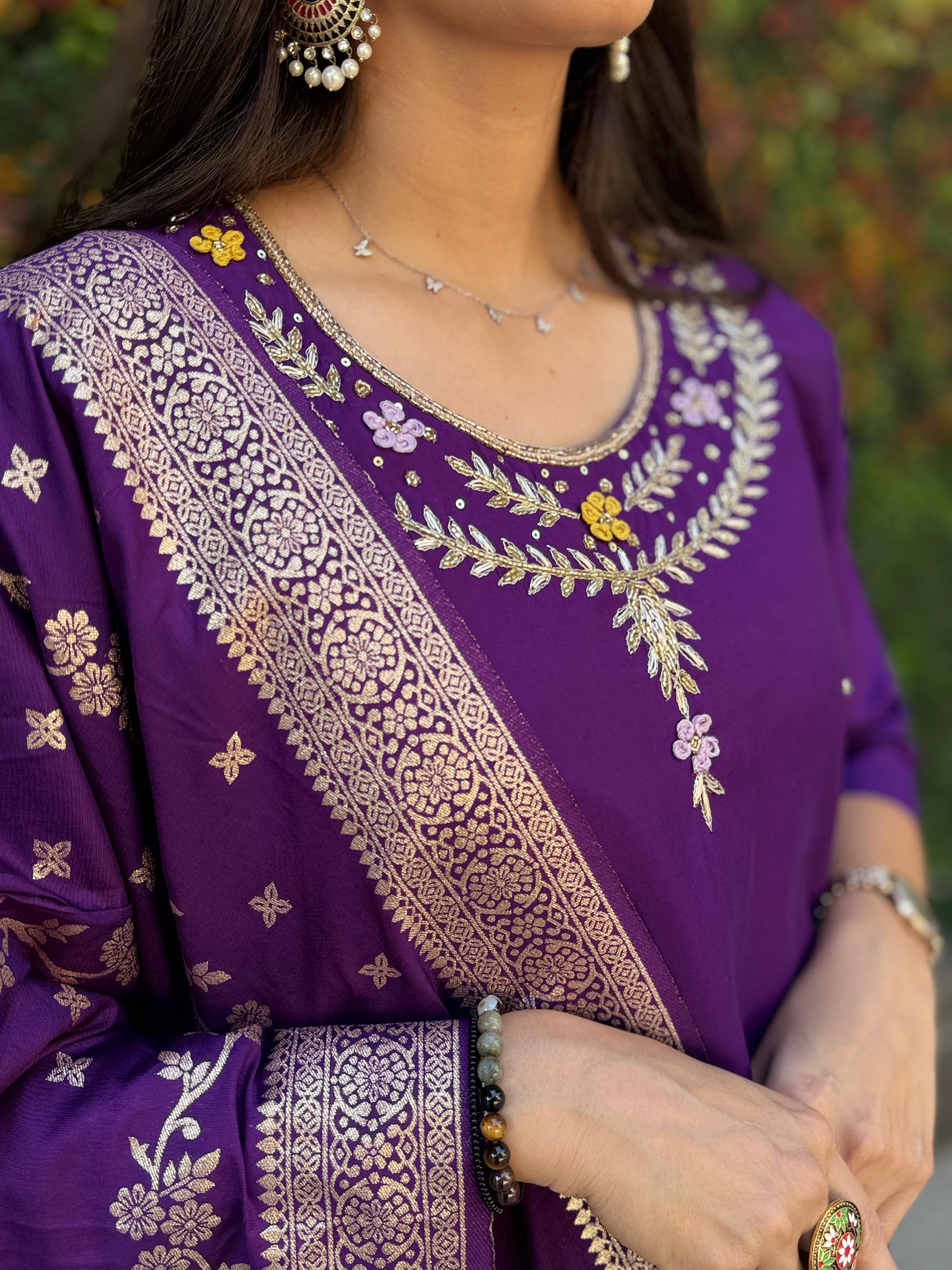 Vedant Vastram Kurta Pant Set With Dupatta Having Beautiful Handwork - Purple