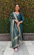 Vedant Vastram Kurta Pant Set With Dupatta Having Beautiful Handwork - Rama-Green