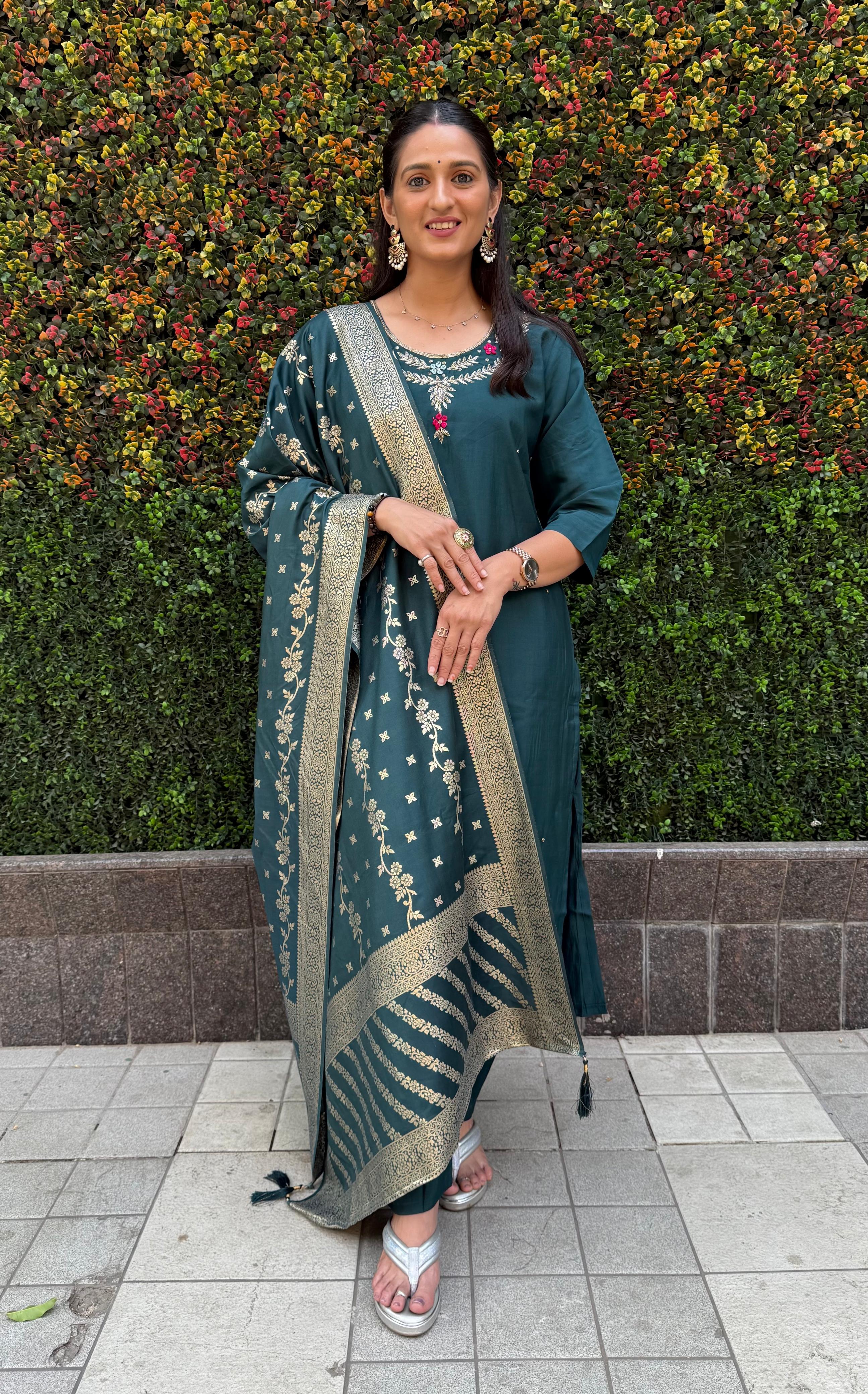 Vedant Vastram Kurta Pant Set With Dupatta Having Beautiful Handwork - Rama-Green