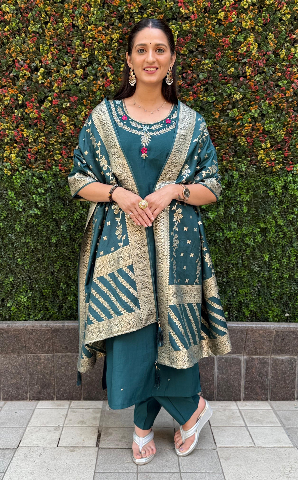Vedant Vastram Kurta Pant Set With Dupatta Having Beautiful Handwork - Rama-Green