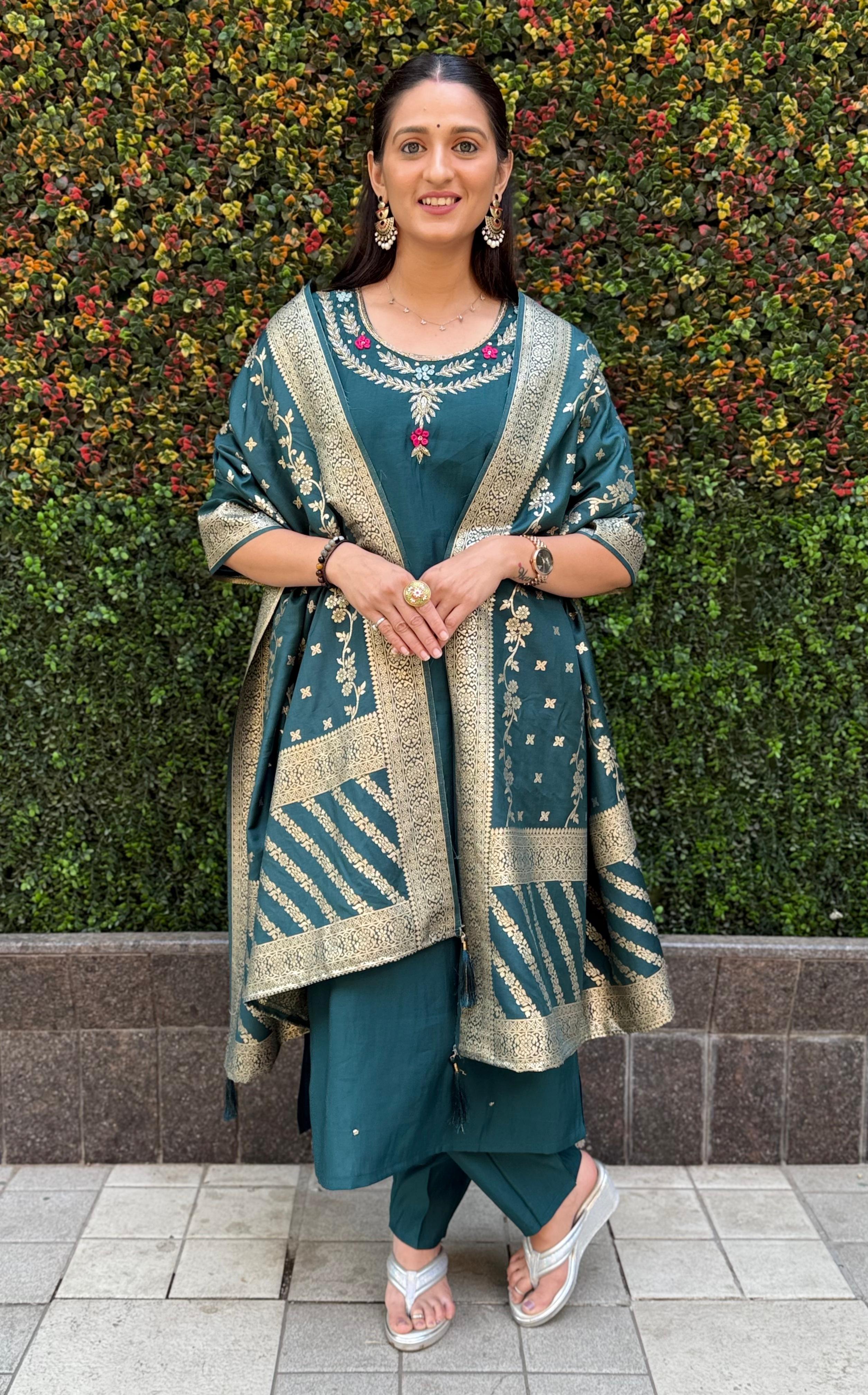 Vedant Vastram Kurta Pant Set With Dupatta Having Beautiful Handwork - Rama-Green