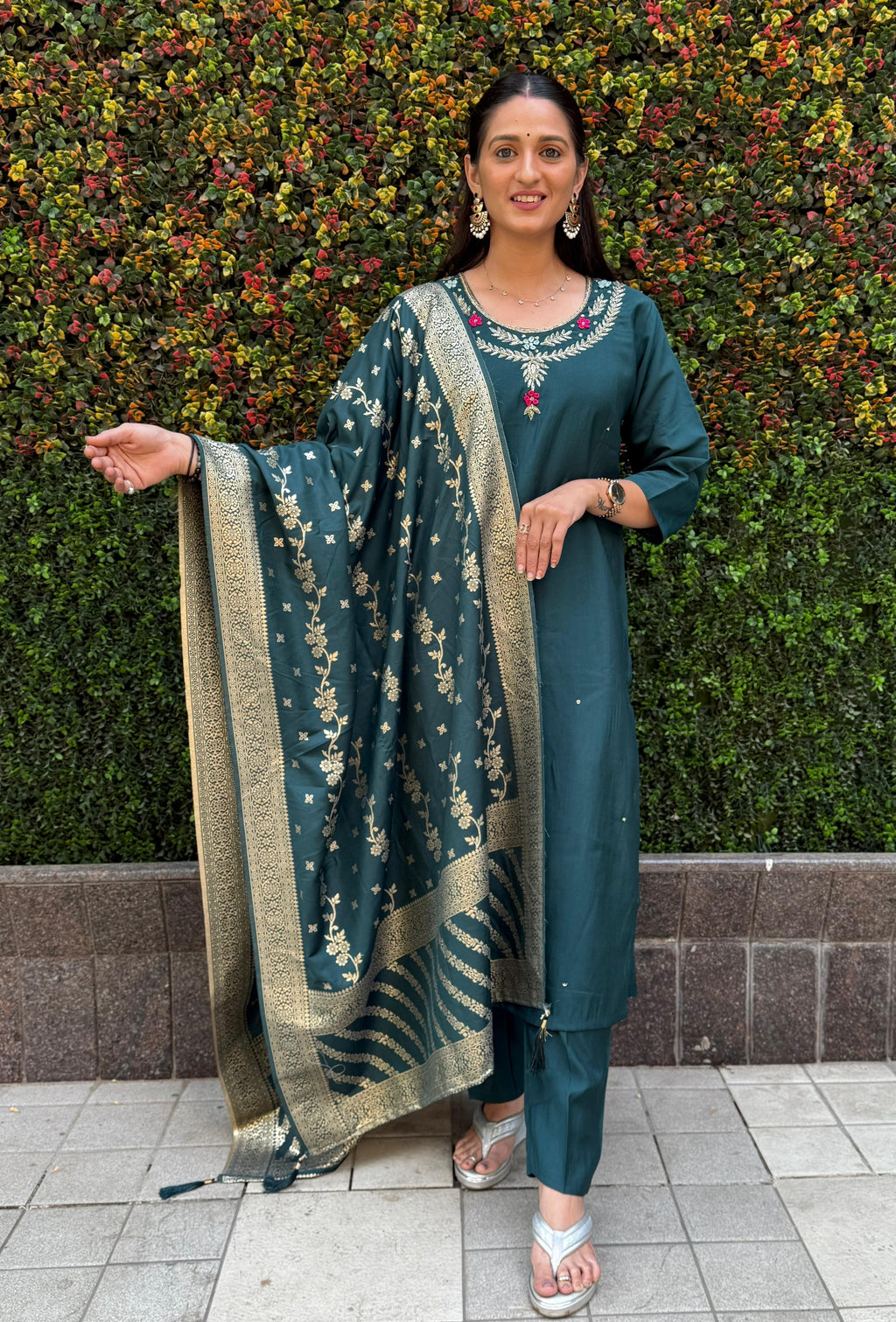 Vedant Vastram Kurta Pant Set With Dupatta Having Beautiful Handwork - Rama-Green