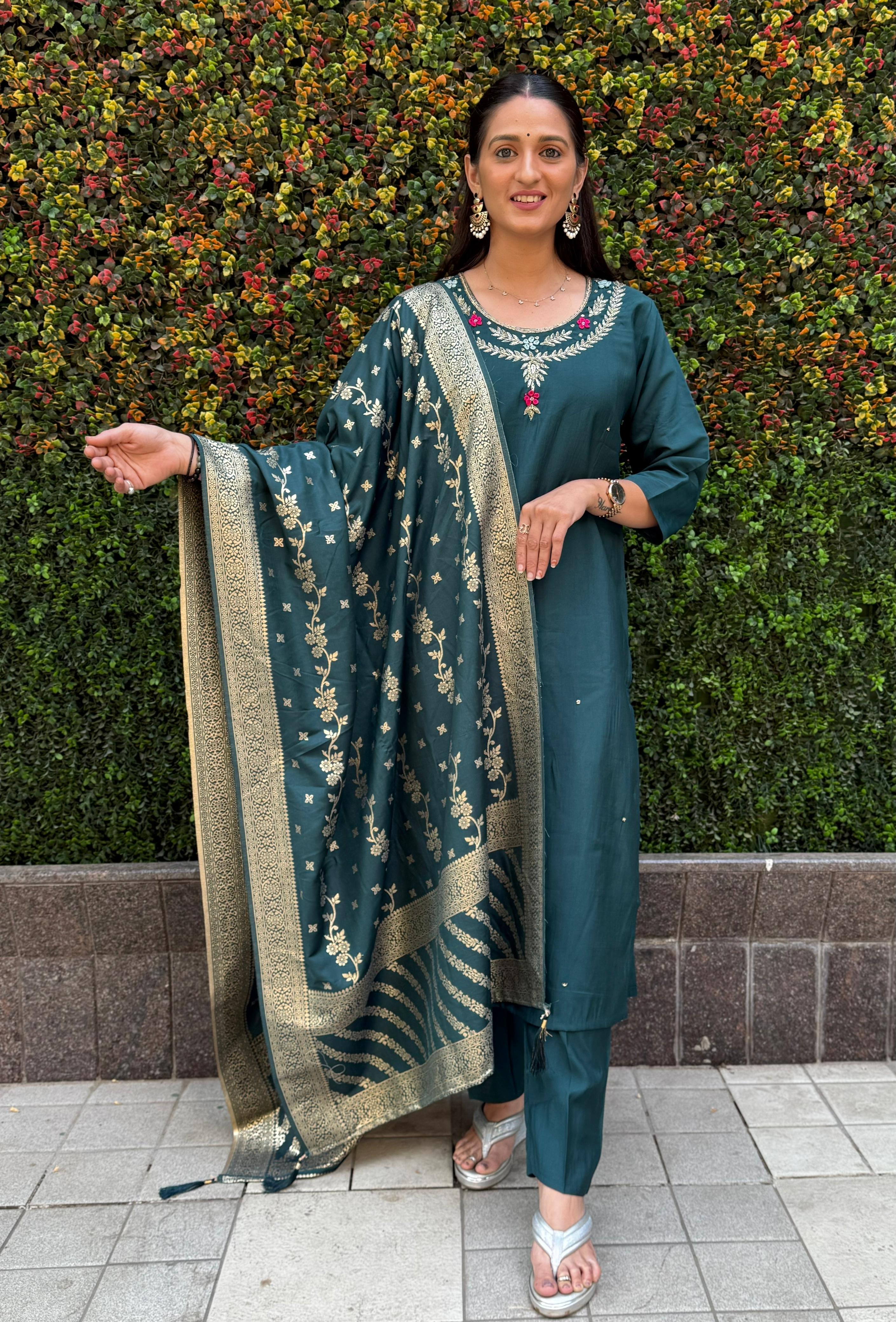 Vedant Vastram Kurta Pant Set With Dupatta Having Beautiful Handwork - Rama-Green