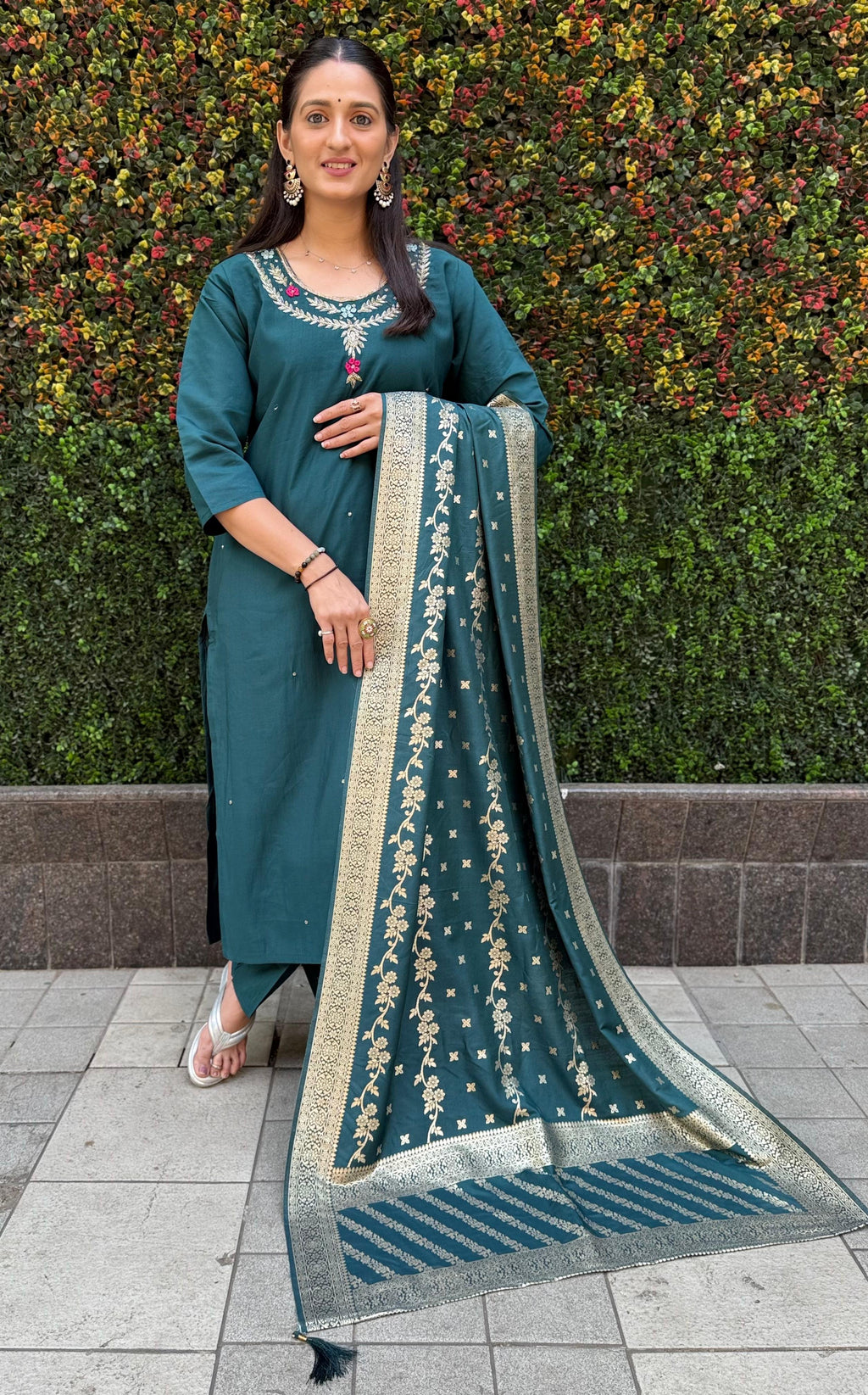 Vedant Vastram Kurta Pant Set With Dupatta Having Beautiful Handwork - Rama-Green