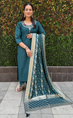 Vedant Vastram Kurta Pant Set With Dupatta Having Beautiful Handwork - Rama-Green