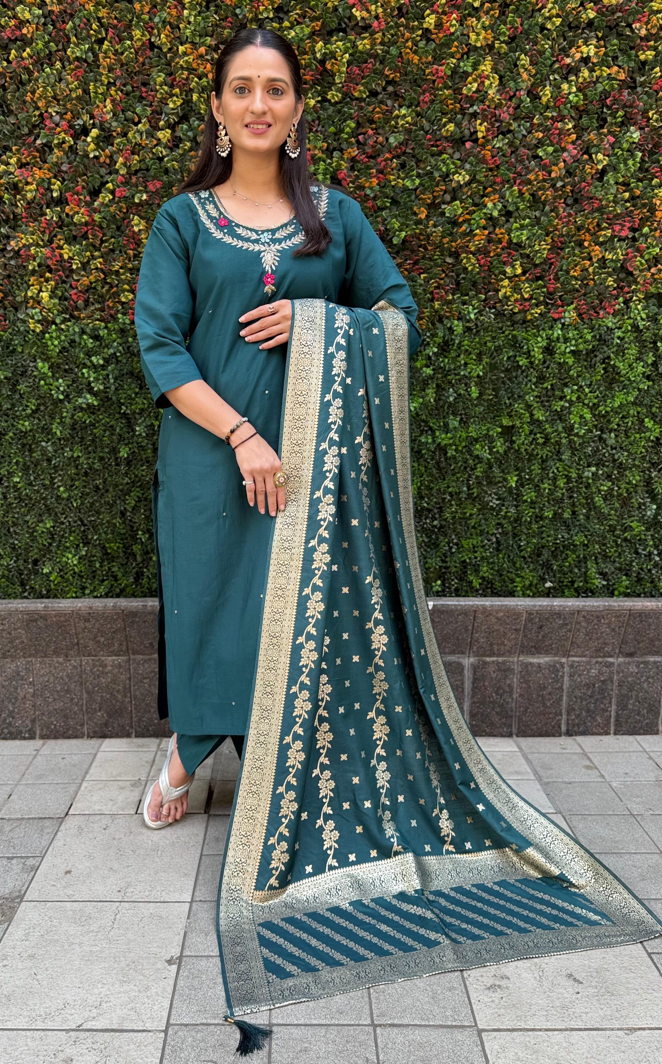 Vedant Vastram Kurta Pant Set With Dupatta Having Beautiful Handwork - Rama-Green