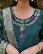 Vedant Vastram Kurta Pant Set With Dupatta Having Beautiful Handwork - Rama-Green