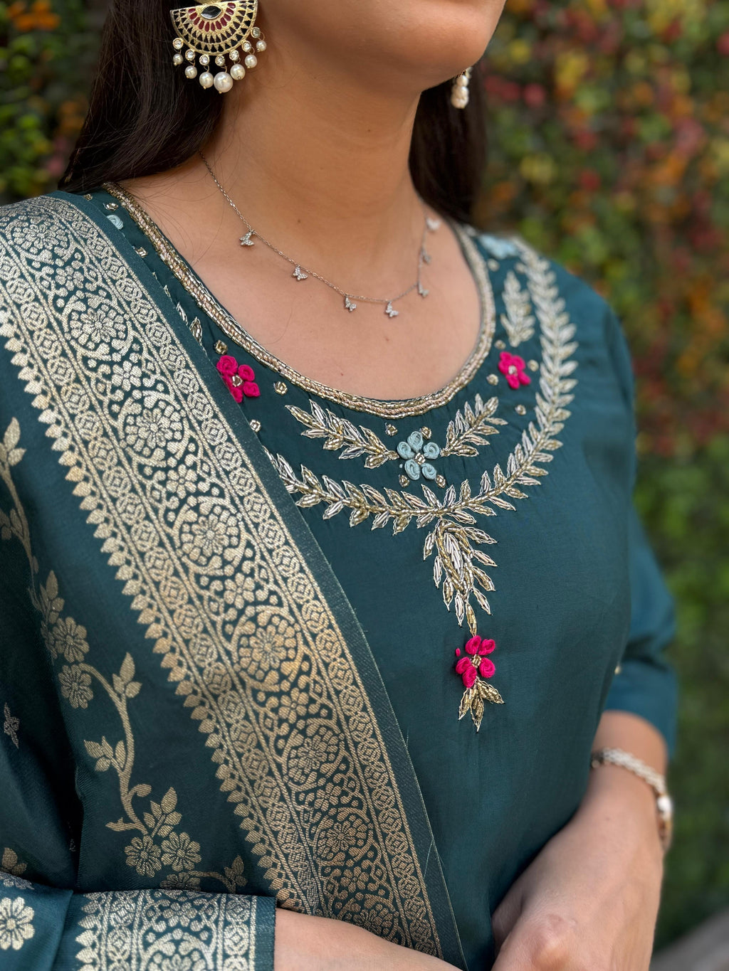 Vedant Vastram Kurta Pant Set With Dupatta Having Beautiful Handwork - Rama-Green