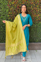 Vedant Vastram Kurta Pant Set With Dupatta Having Beautiful Handwork - Rama
