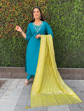 Vedant Vastram Kurta Pant Set With Dupatta Having Beautiful Handwork - Rama