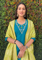 Vedant Vastram Kurta Pant Set With Dupatta Having Beautiful Handwork - Rama